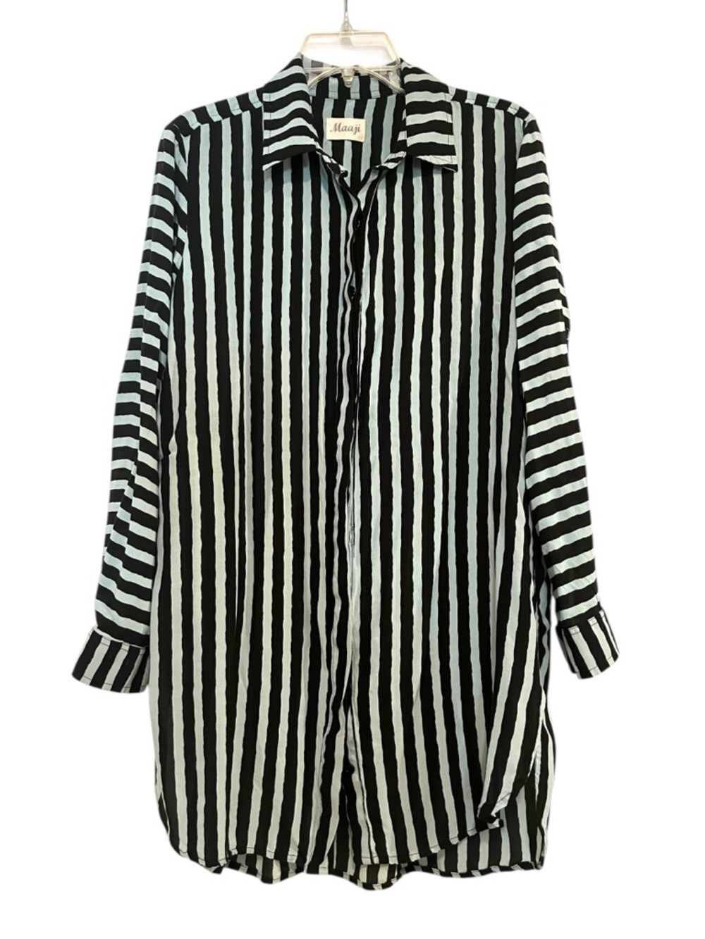 Maaji Full of Dreams Black/Baby Blue Striped Button-Up Cover Up Shirt Dress Sz M